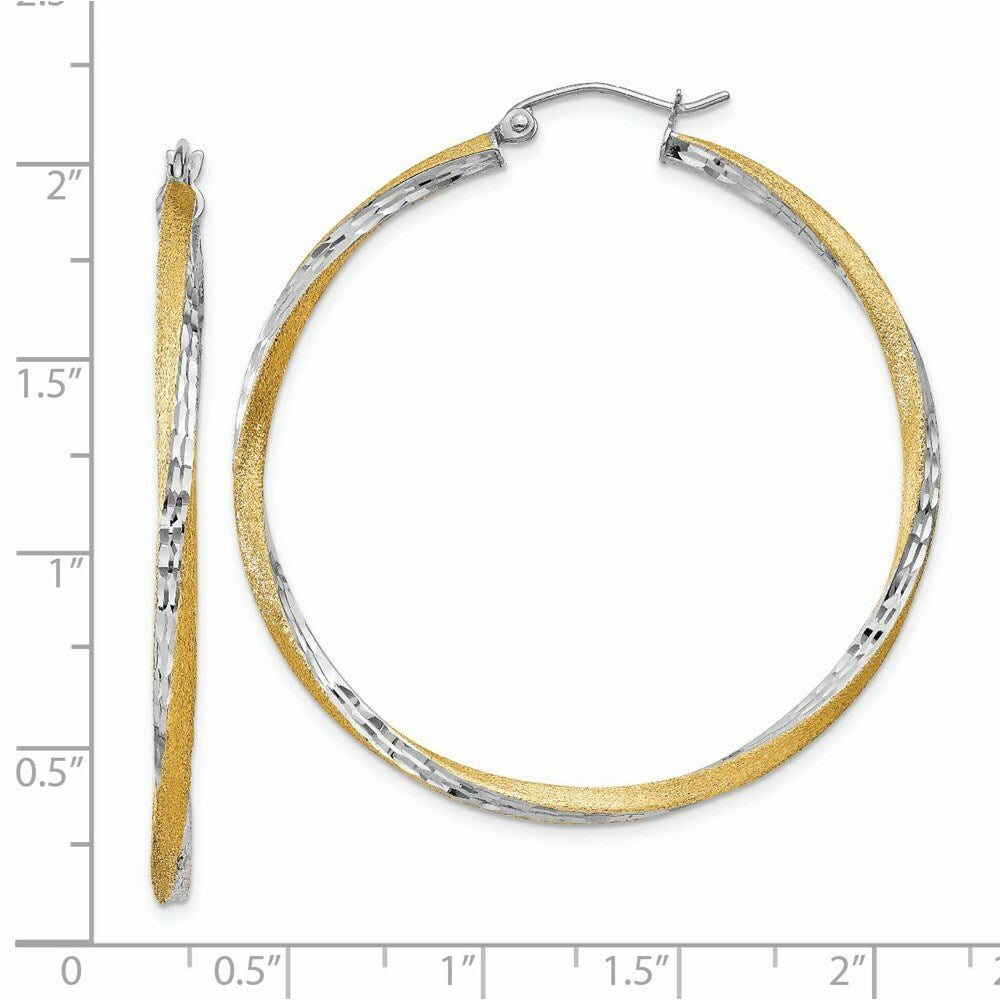 14K Yellow Gold & Rhodium Diamond-cut 2.5mm Twisted Hoop Earrings 45mm length