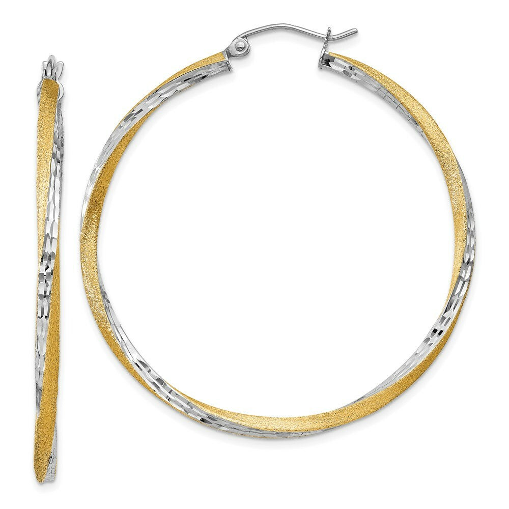 14K Yellow Gold & Rhodium Diamond-cut 2.5mm Twisted Hoop Earrings 45mm length