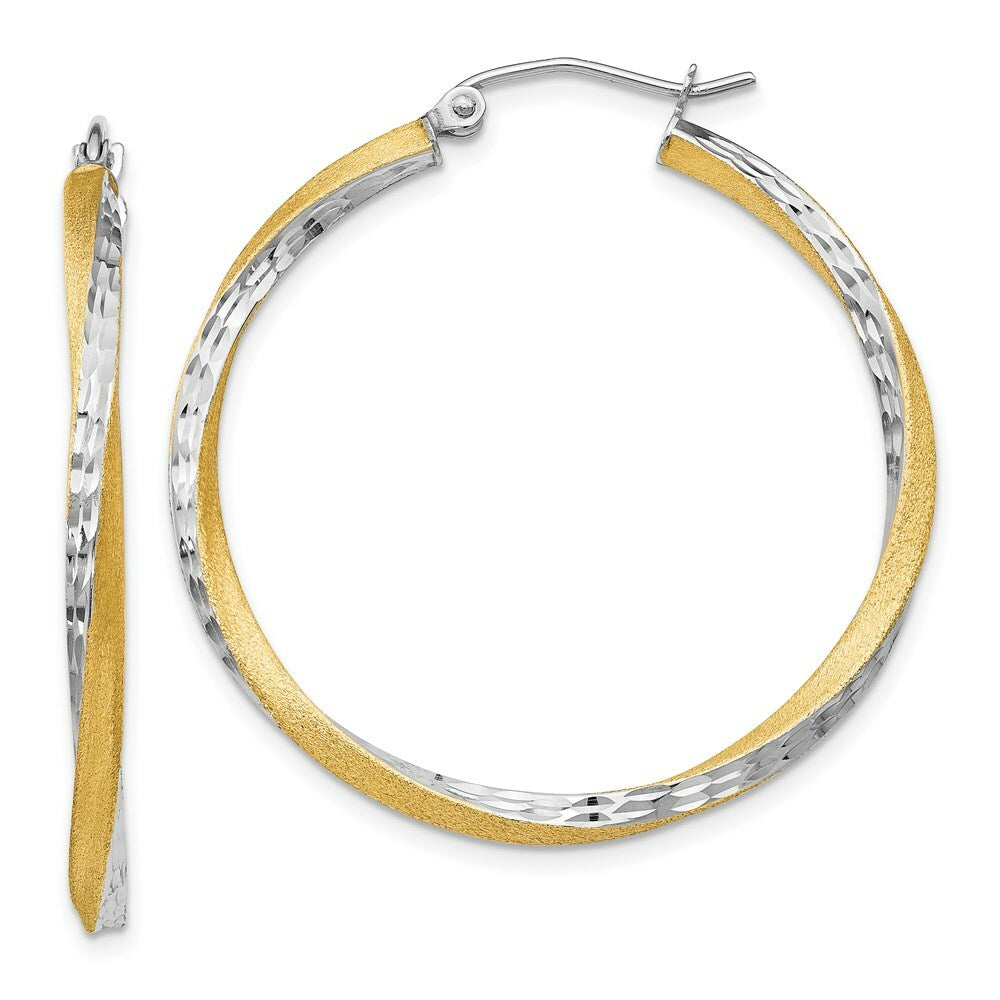 14K Yellow Gold & Rhodium Diamond-cut 2.5mm Twisted Hoop Earrings 35mm length