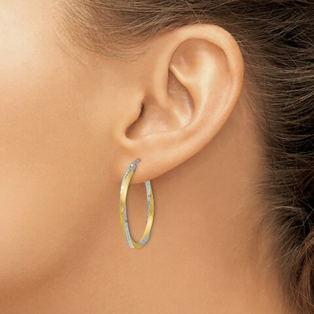 14K Yellow Gold & Rhodium Diamond-cut 2.5mm Twisted Hoop Earrings 30mm length