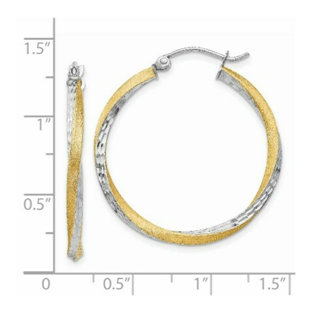 14K Yellow Gold & Rhodium Diamond-cut 2.5mm Twisted Hoop Earrings 30mm length
