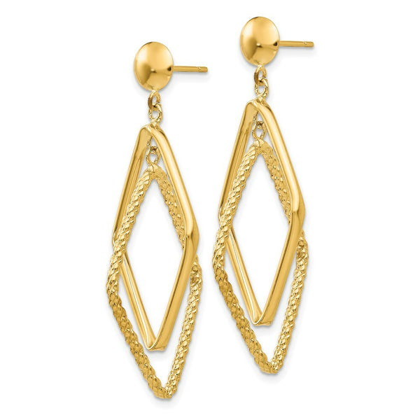 14K Yellow Gold Polished & Patterned Diamond Shaped Post Earrings