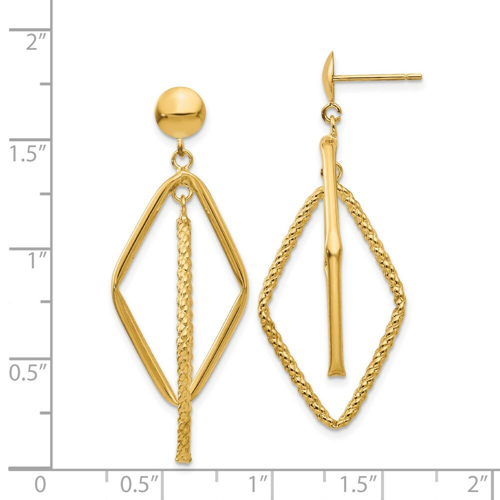 14K Yellow Gold Polished & Patterned Diamond Shaped Post Earrings