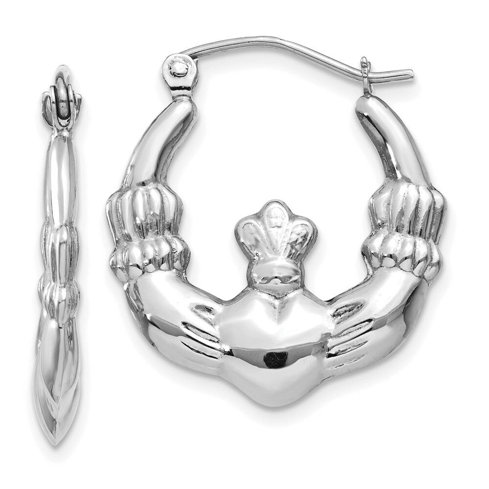 14K White Gold Claddagh Hoop Earrings  3mm width