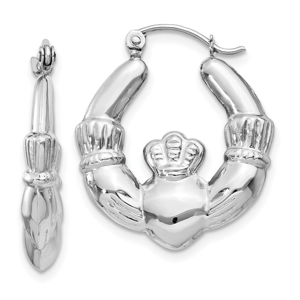 14K White Gold Claddagh Hoop Earrings  4mm width