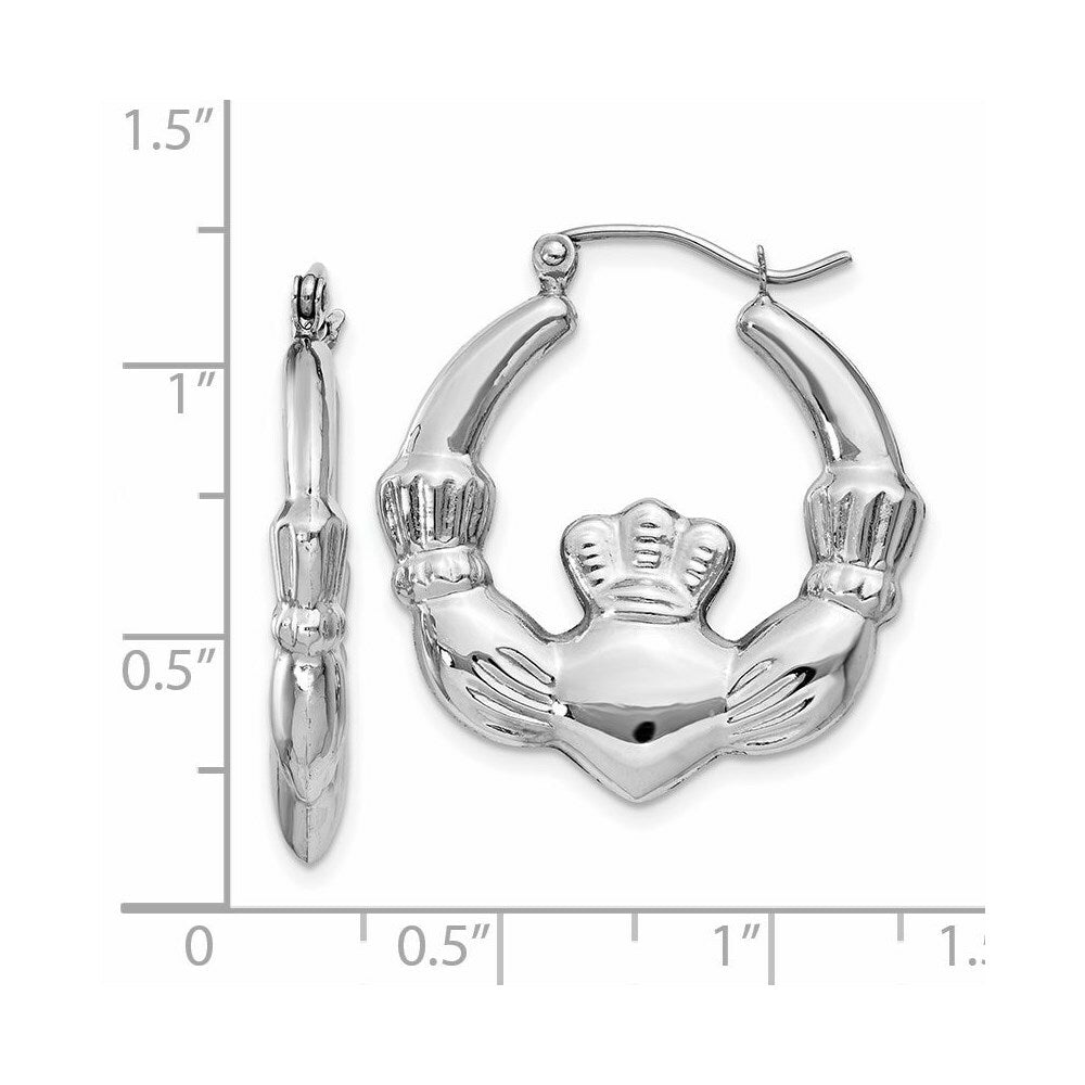14K White Gold Claddagh Hoop Earrings  4mm width