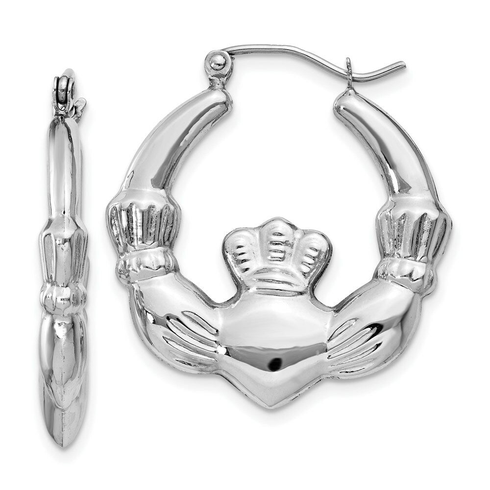 14K White Gold Claddagh Hoop Earrings  4mm width