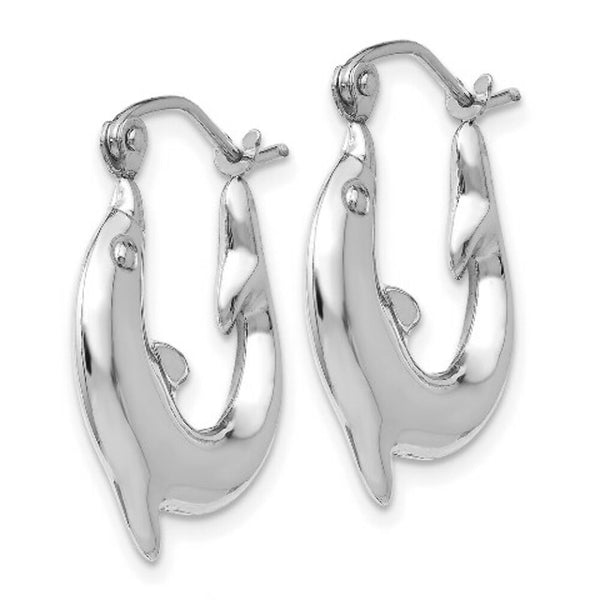 14K White Gold Polished Dolphin Hoop Earrings  3mm width