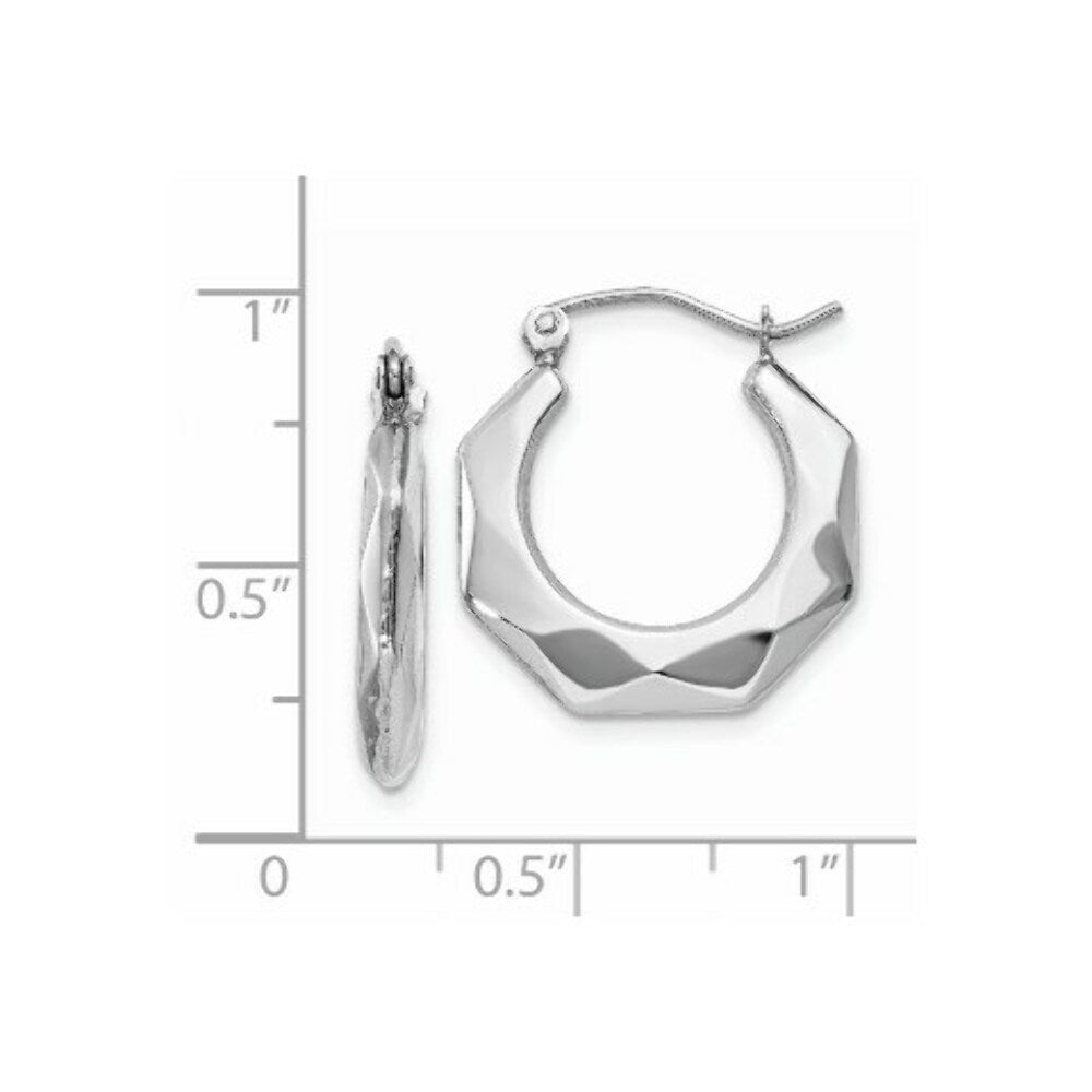 14K White Gold Faceted Hoop Earrings  11mm length