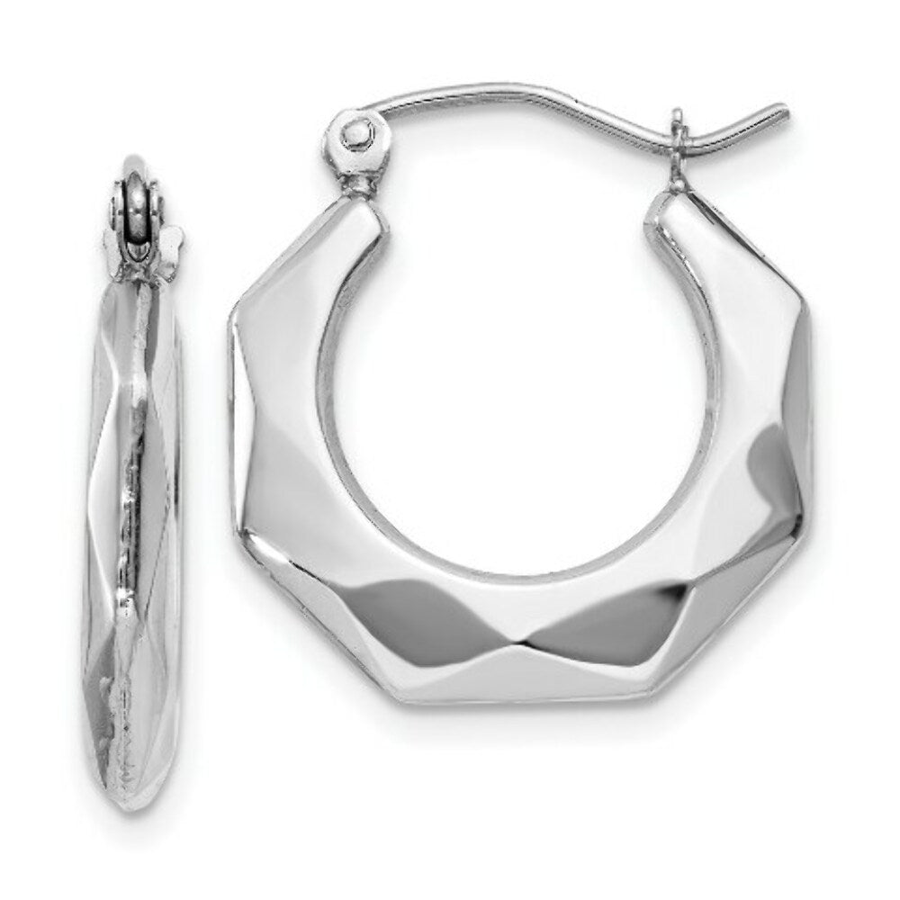 14K White Gold Faceted Hoop Earrings  11mm length