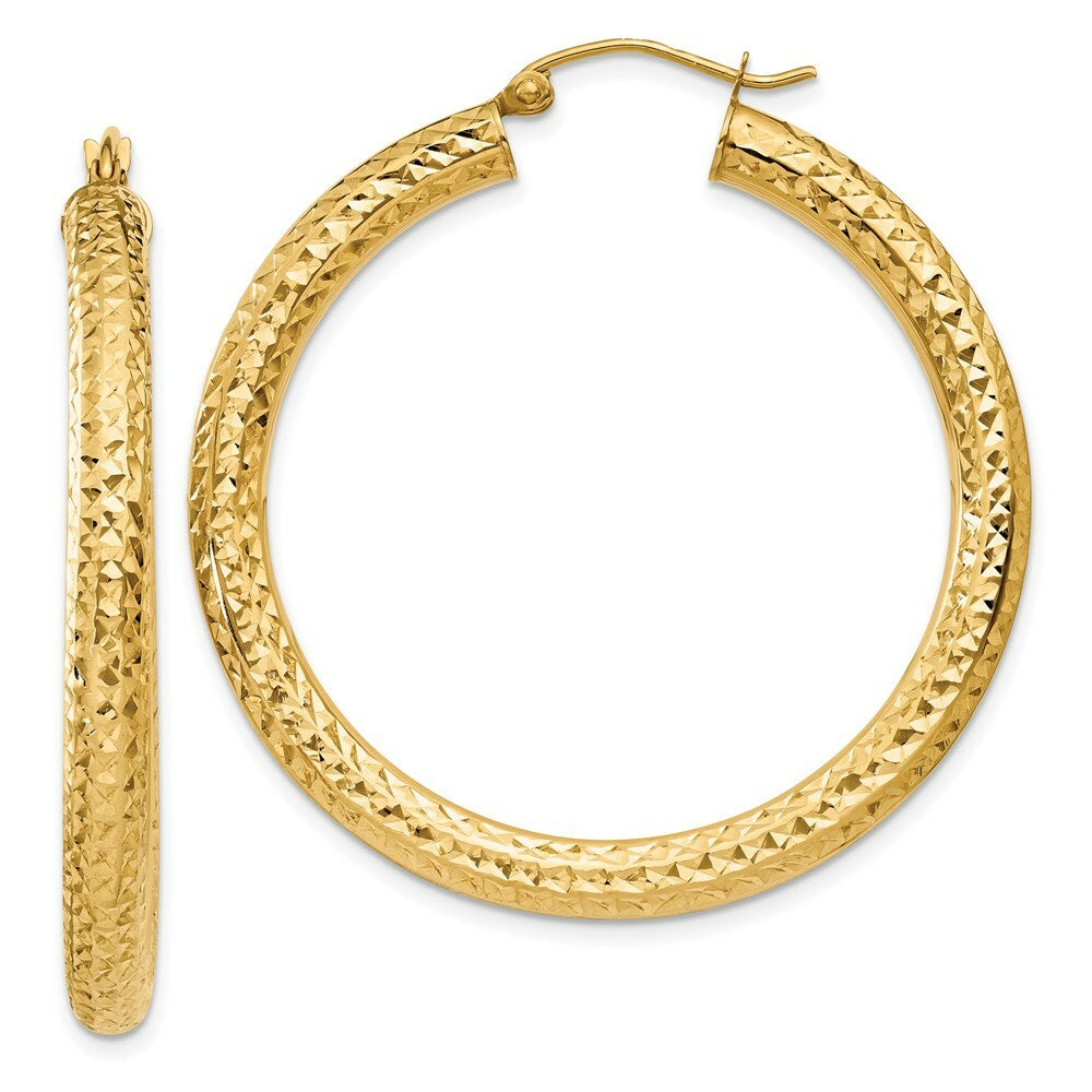 14K Yellow Gold Diamond-cut 4mm Round Hoop Earrings  40mm length