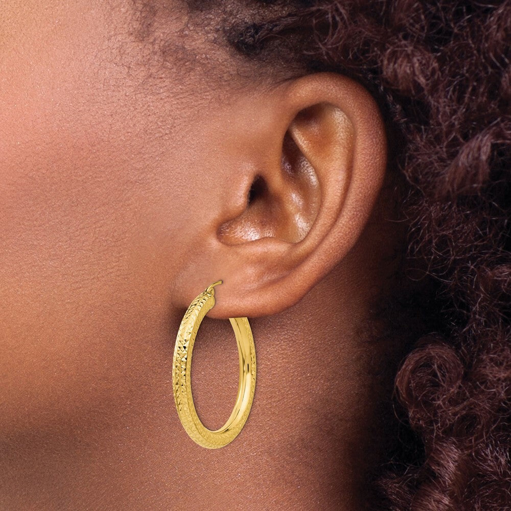 14K Yellow Gold Diamond-cut 4mm Round Hoop Earrings  35mm length