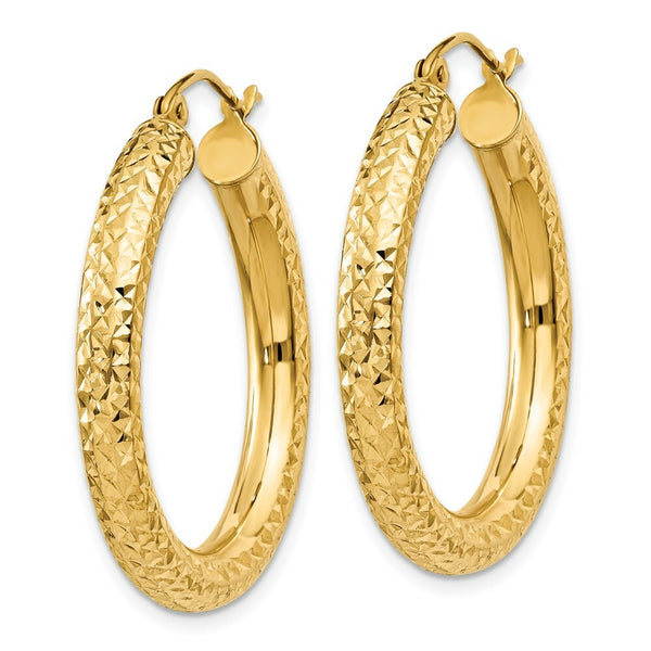 14K Yellow Gold Diamond-cut 4mm Round Hoop Earrings  30mm length