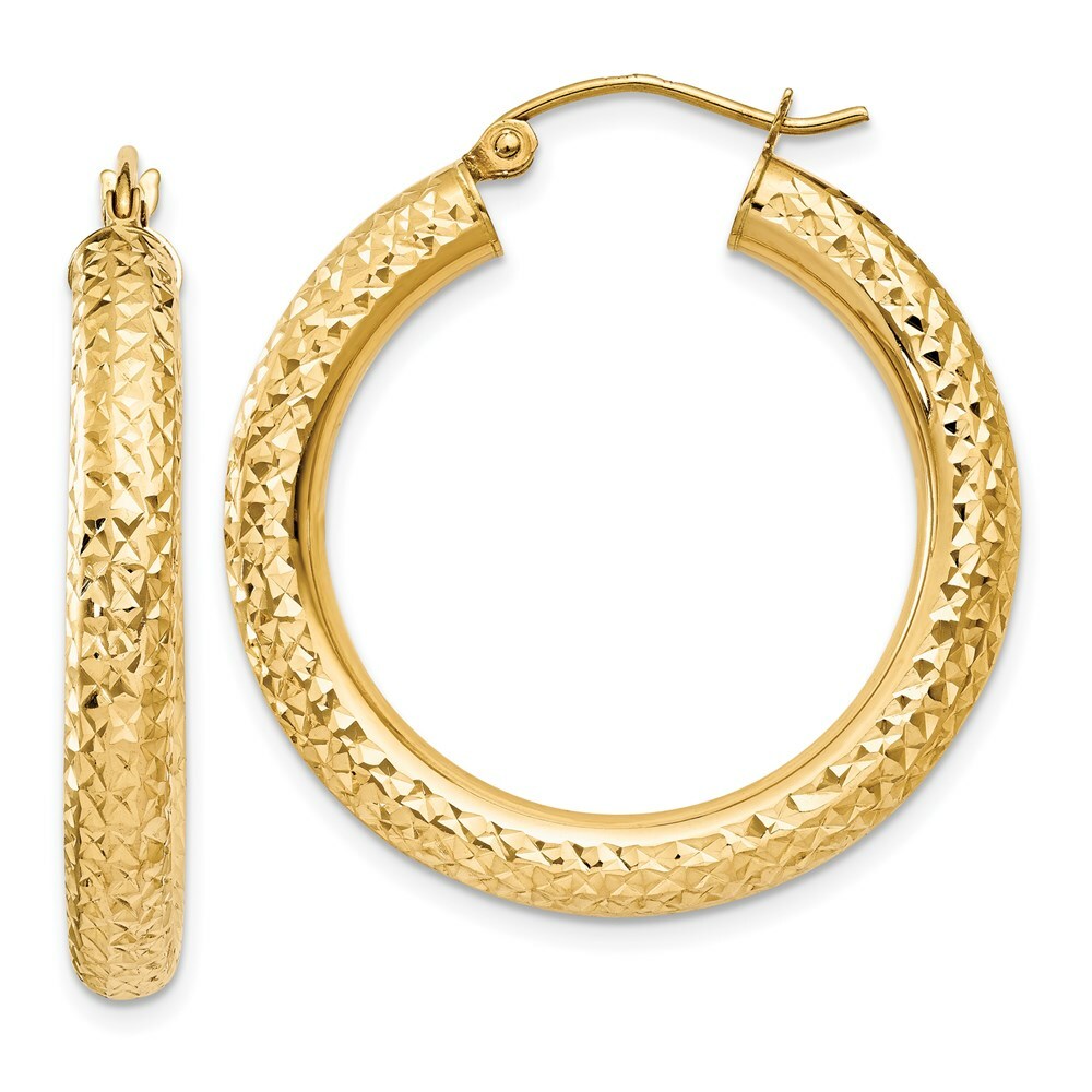 14K Yellow Gold Diamond-cut 4mm Round Hoop Earrings  30mm length