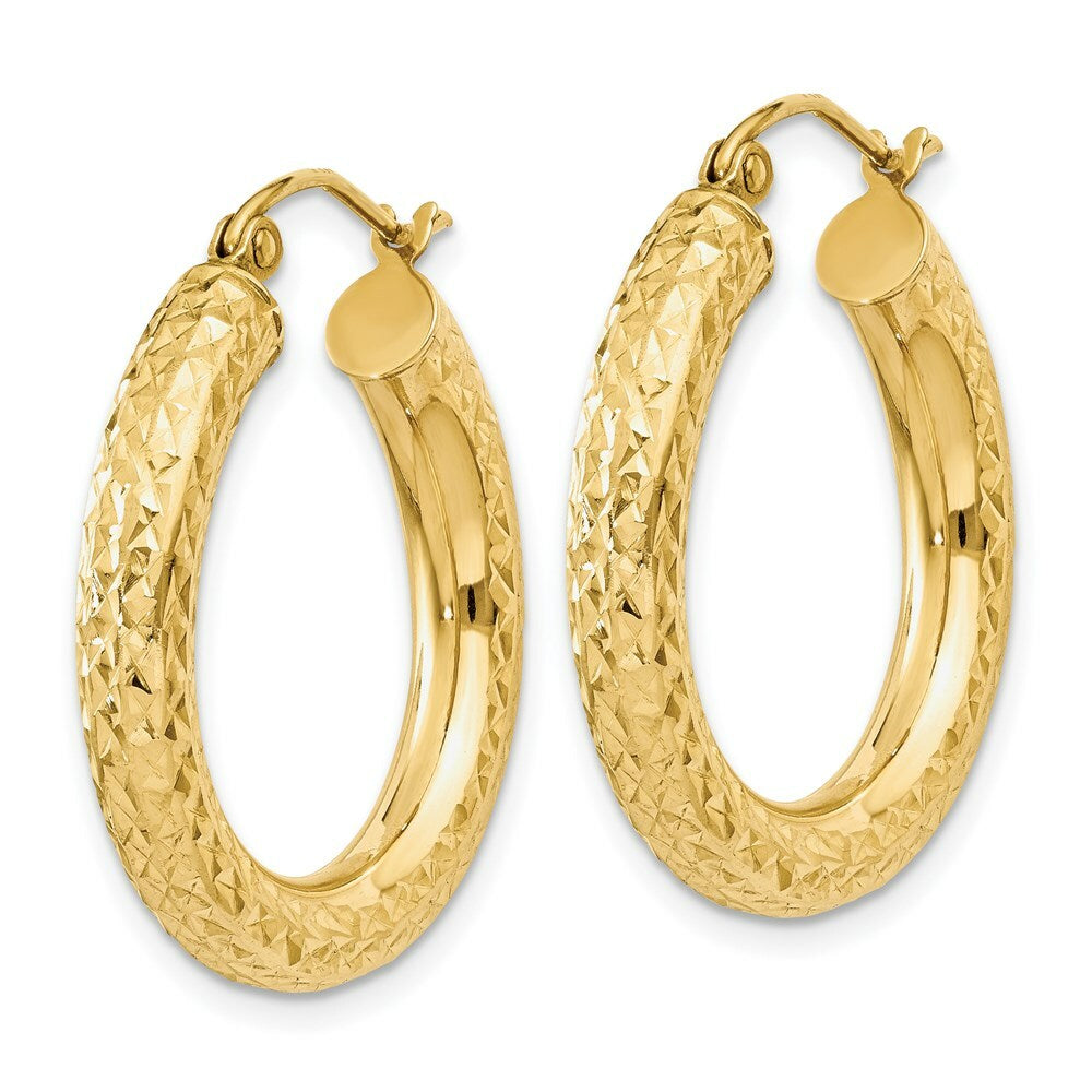 14K Yellow Gold Diamond-cut 4mm Round Hoop Earrings  25mm length