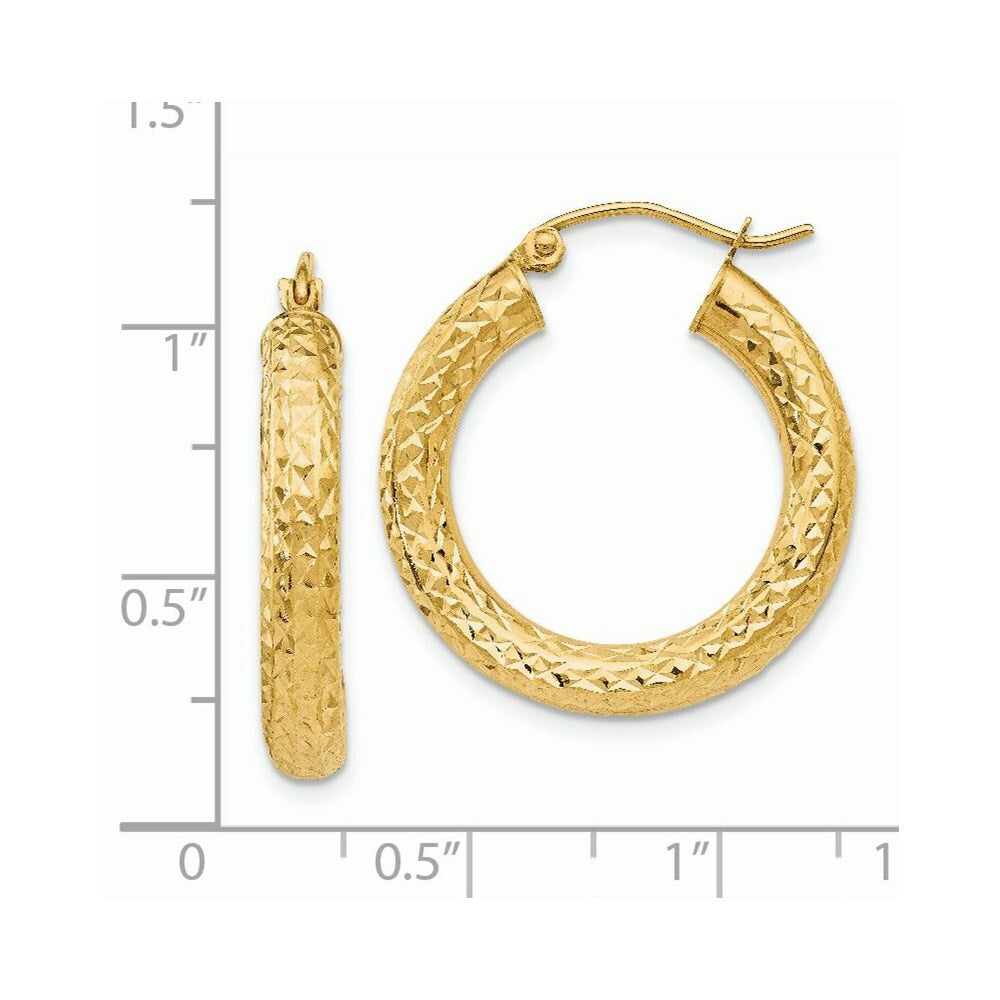 14K Yellow Gold Diamond-cut 4mm Round Hoop Earrings  25mm length
