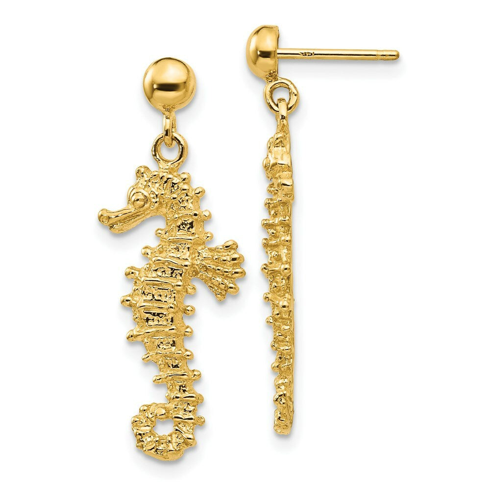 14K Yellow Gold Large Seahorse Dangle Post Earrings