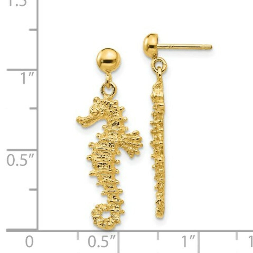 14K Yellow Gold Large Seahorse Dangle Post Earrings