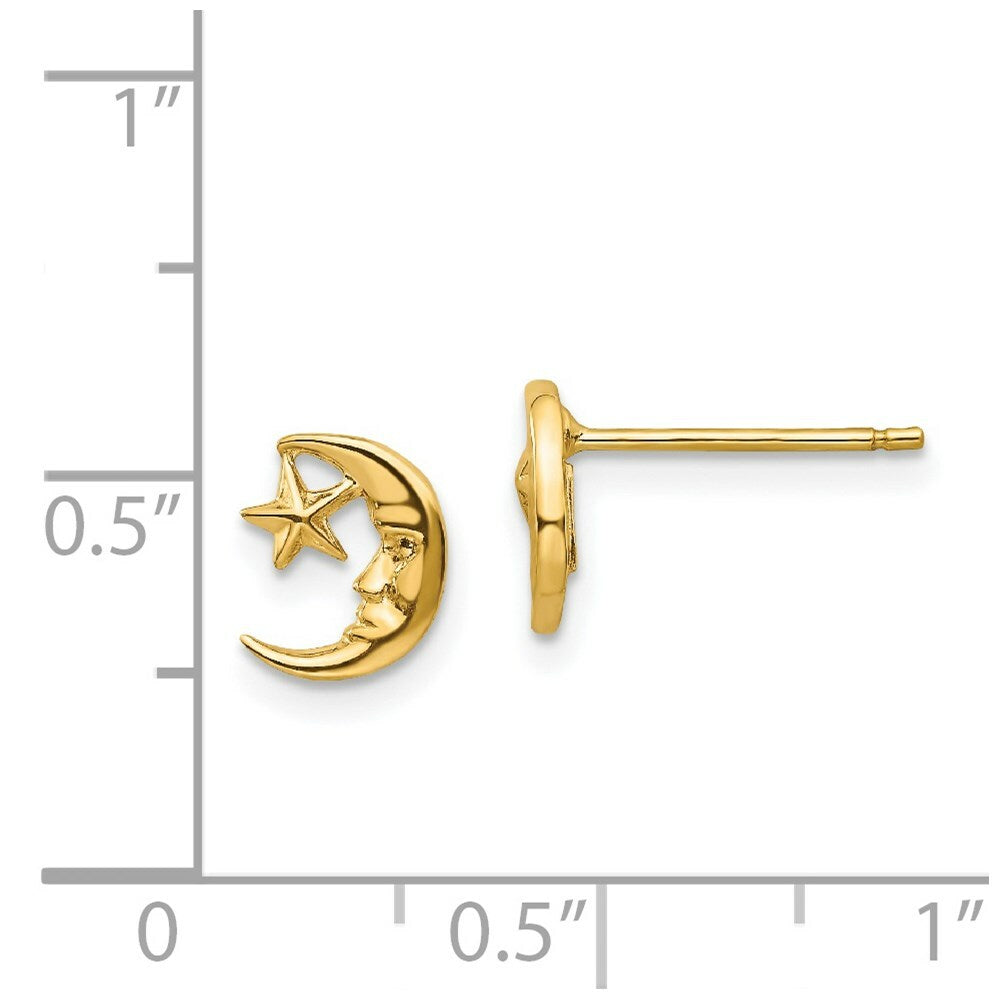 14K Yellow Gold Moon and Star Post Earrings