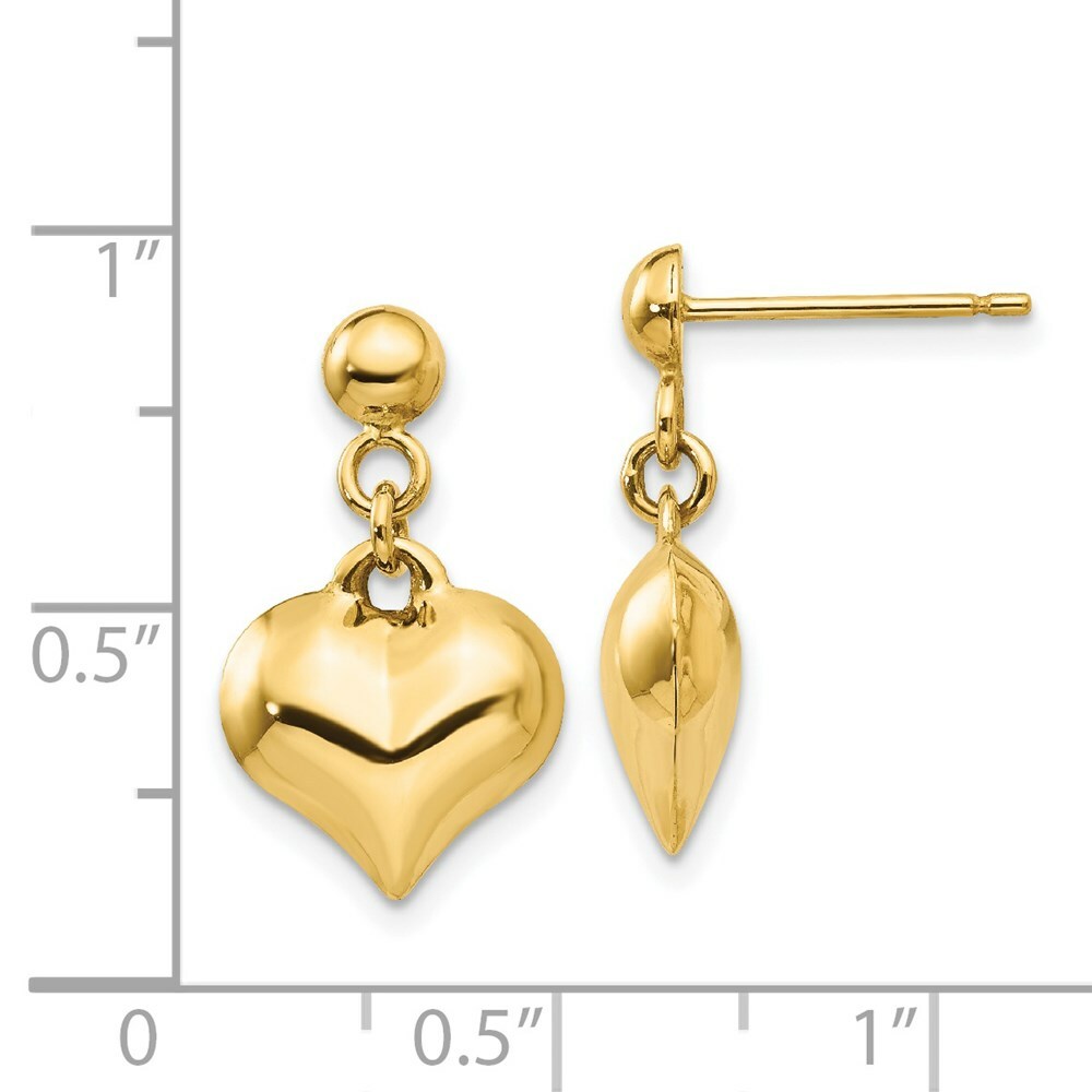 14K Yellow Gold Polished Puffed Heart Dangle Post Earrings