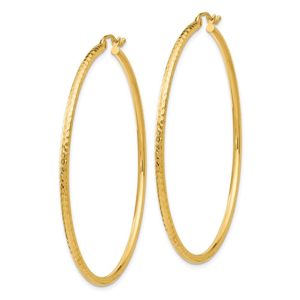 14K Yellow Gold Diamond-cut 2mm Round Tube Hoop Earrings  55mm length