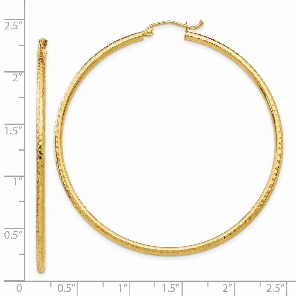14K Yellow Gold Diamond-cut 2mm Round Tube Hoop Earrings  55mm length