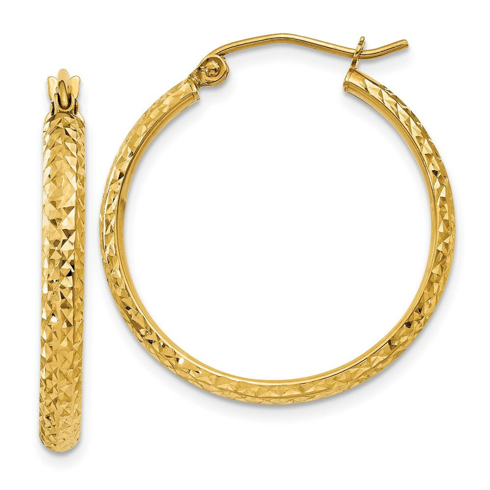 14K Yellow Gold Diamond-cut 2.8x25mm Hollow Hoop Earrings  25mm length