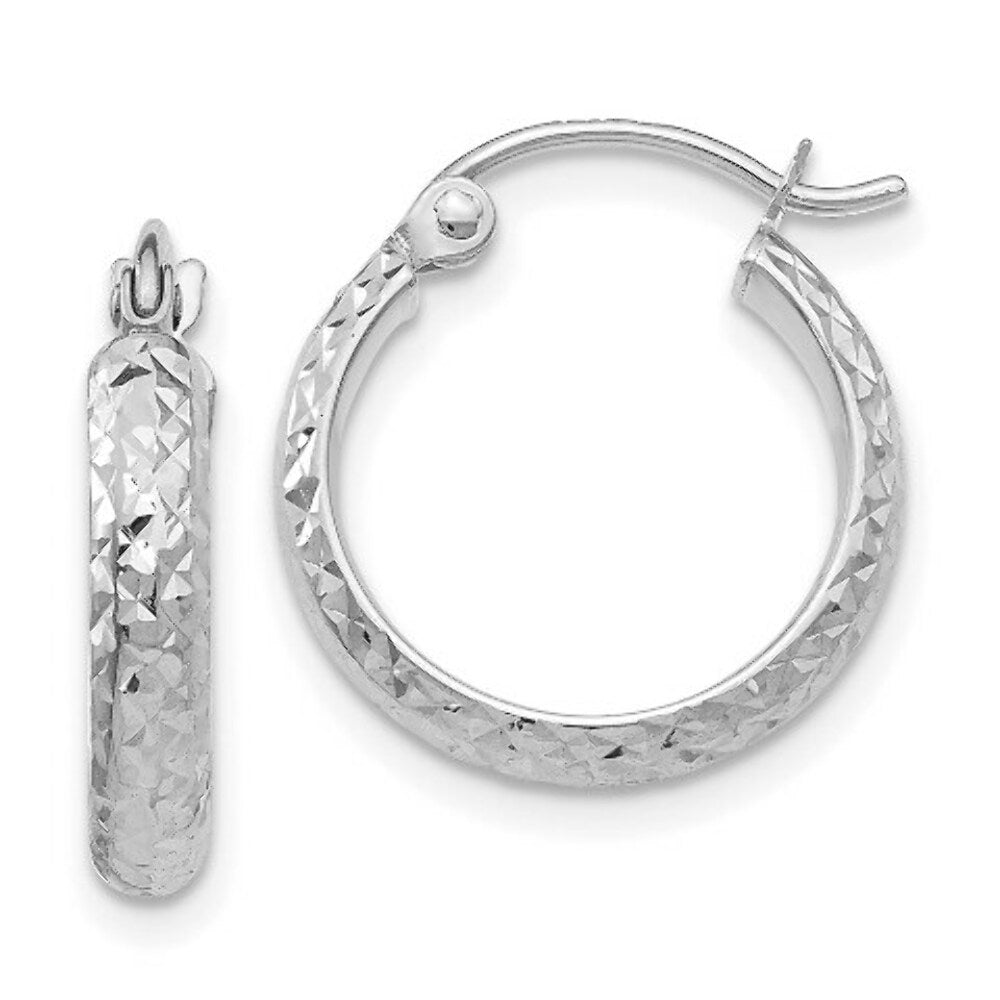 14K White Gold Diamond-cut 2.8x15mm Hollow Hoop Earrings 15mm length