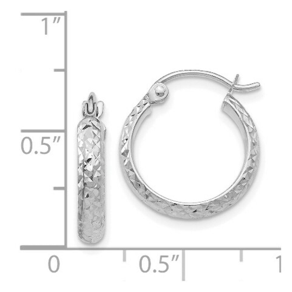 14K White Gold Diamond-cut 2.8x15mm Hollow Hoop Earrings 15mm length