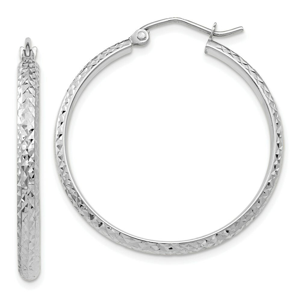 14K White Gold Diamond-cut 2.8x30mm Hollow Hoop Earrings 30mm length