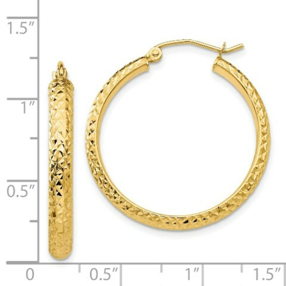 14K Yellow Gold Diamond-cut 3.5x28mm Hollow Hoop Earrings  28mm length