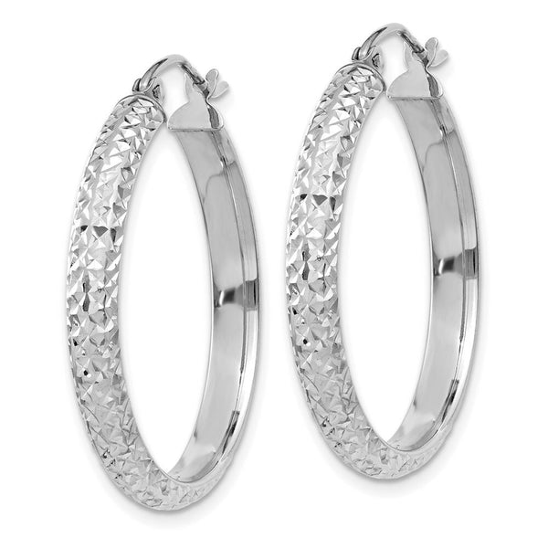 14K White Gold Diamond-cut 3.5x28mm Hollow Hoop Earrings 28mm length