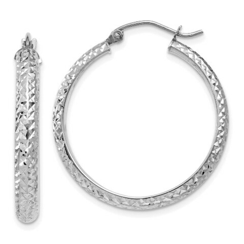14K White Gold Diamond-cut 3.5x28mm Hollow Hoop Earrings 28mm length