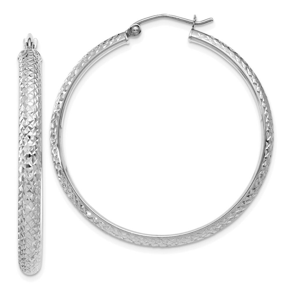 14K White Gold Diamond-cut 3.5x38mm Hollow Hoop Earrings 38mm length