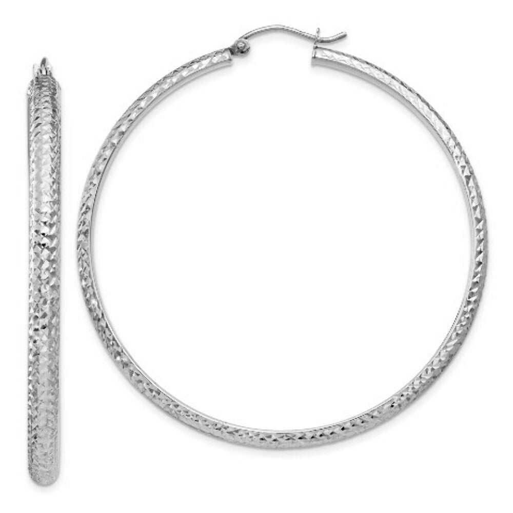 14K White Gold Diamond-cut 3.5x52mm Hollow Hoop Earrings 52mm length