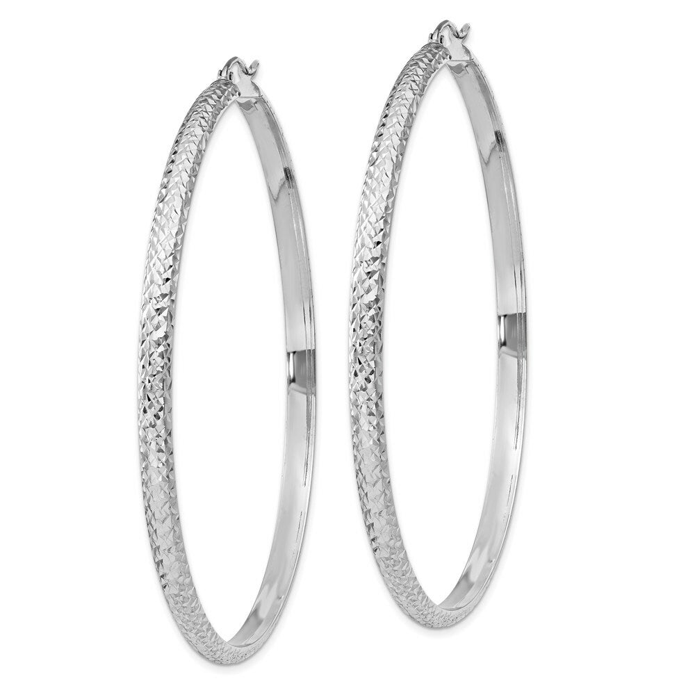 14K White Gold Diamond-cut 3.5x65mm Hollow Hoop Earrings 65mm length