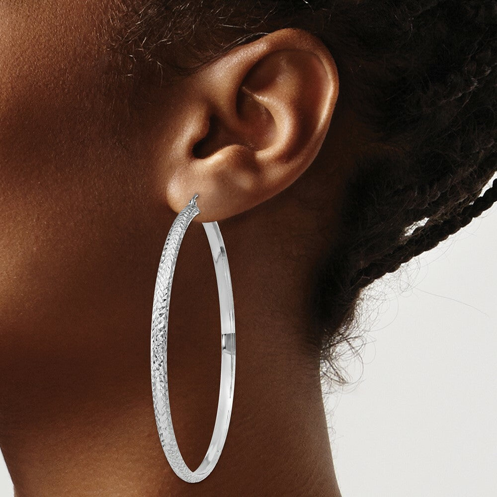 14K White Gold Diamond-cut 3.5x65mm Hollow Hoop Earrings 65mm length