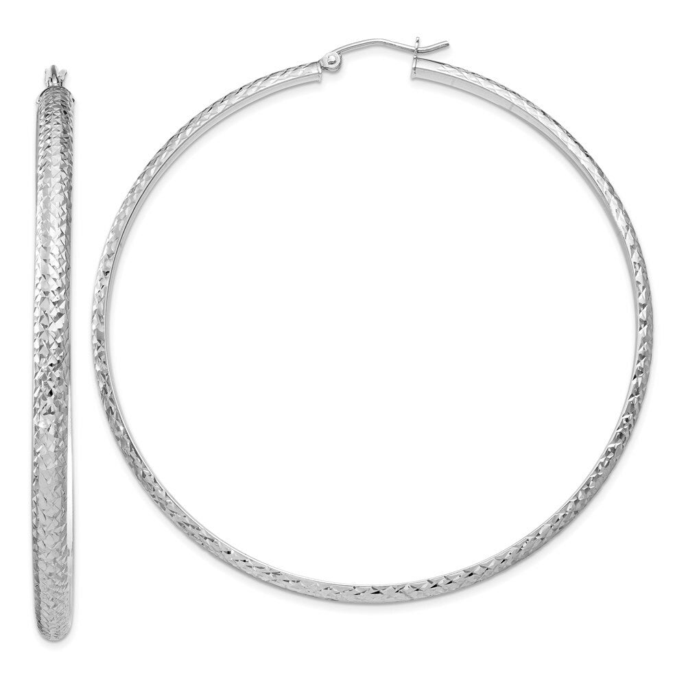 14K White Gold Diamond-cut 3.5x65mm Hollow Hoop Earrings 65mm length