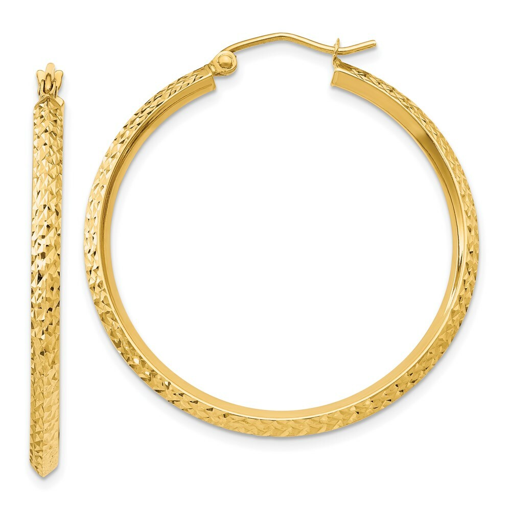 14K Yellow Gold Knife Edge Diamond-cut Hollow Hoop Earrings  35mm length