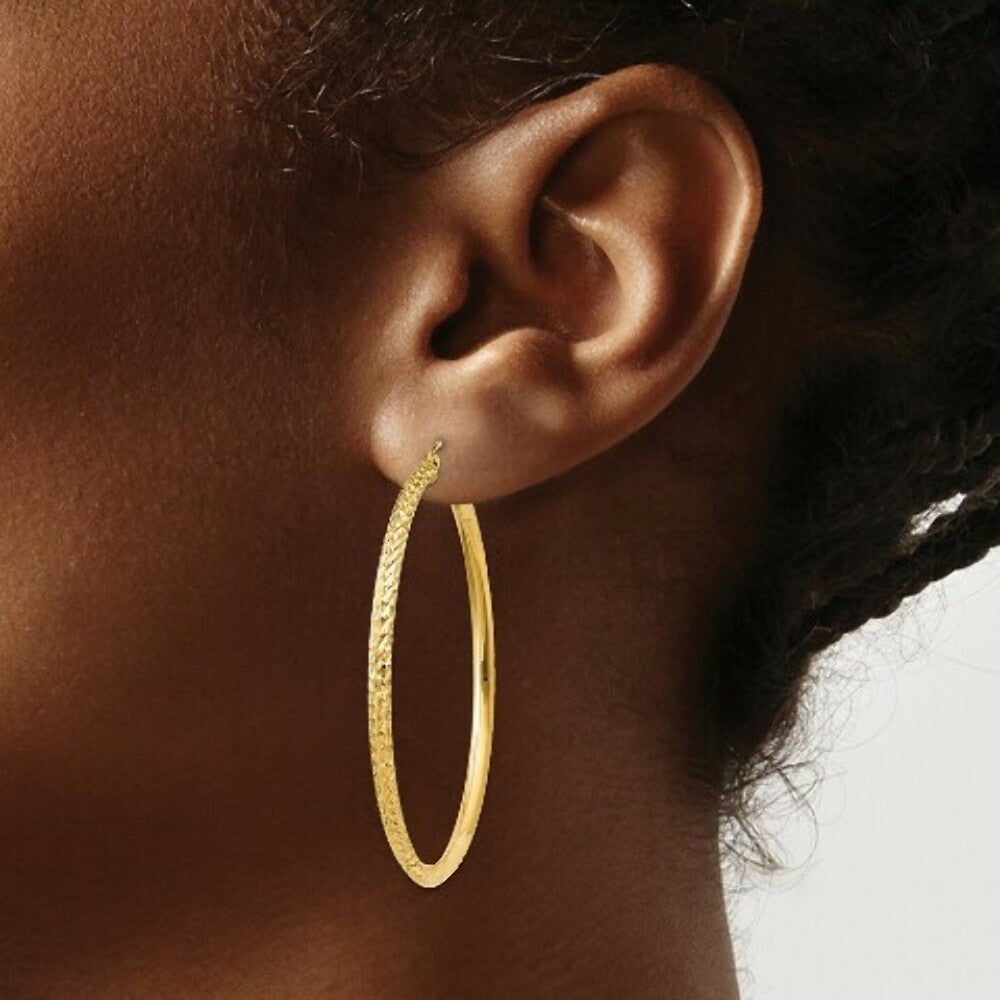 14K Yellow Gold Knife Edge Diamond-cut Hollow Hoop Earrings  45mm length
