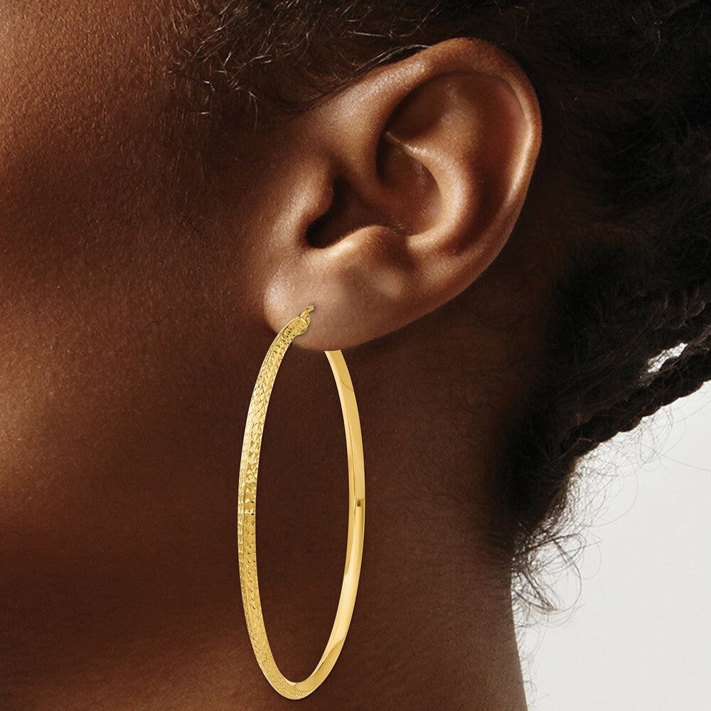 14K Yellow Gold Knife Edge Diamond-cut Hollow Hoop Earrings  55mm length
