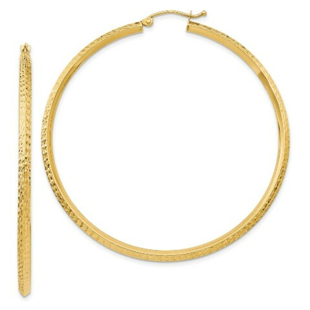 14K Yellow Gold Knife Edge Diamond-cut Hollow Hoop Earrings  55mm length