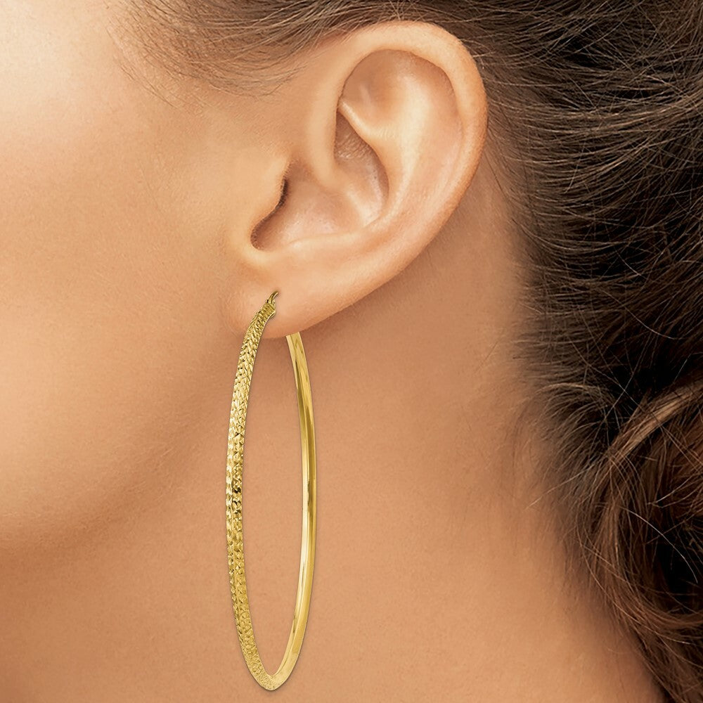 14K Yellow Gold Knife Edge Diamond-cut Hollow Hoop Earrings  65mm length