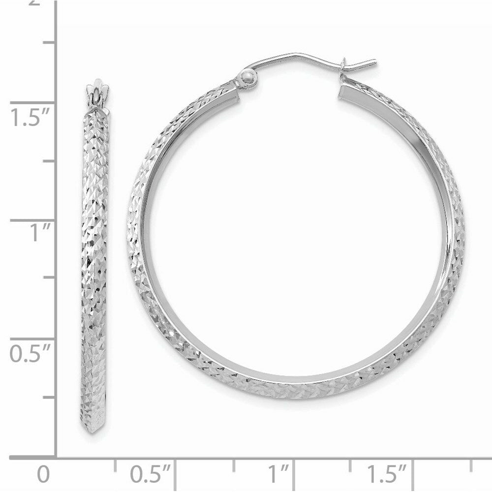 14K White Gold Knife Edge Diamond-cut 2.5x25mm Hoop Earrings 35mm length