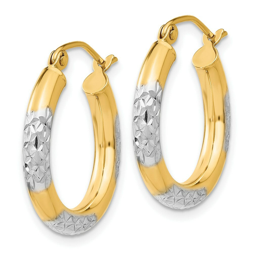 14K Yellow Gold & Rhodium Diamond-cut 3x20mm Hoop Earrings 20mm length