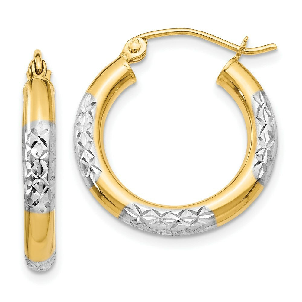 14K Yellow Gold & Rhodium Diamond-cut 3x20mm Hoop Earrings 20mm length