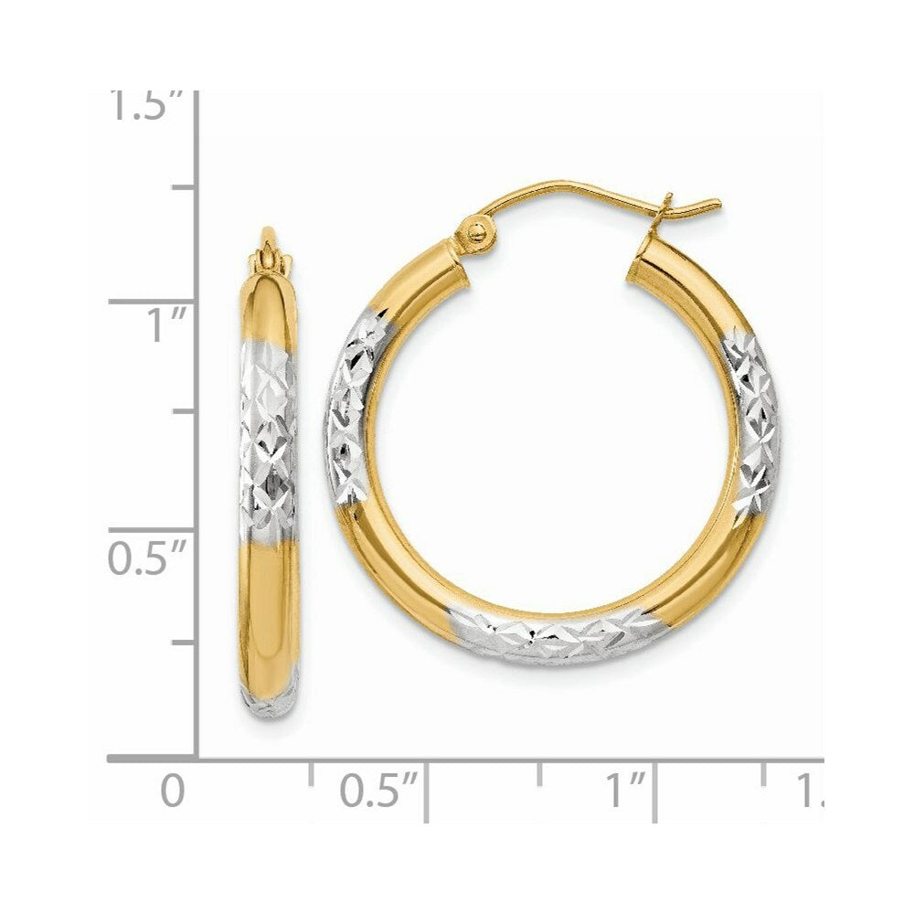14K Yellow Gold & Rhodium Diamond-cut 3x25mm Hoop Earrings 25mm length
