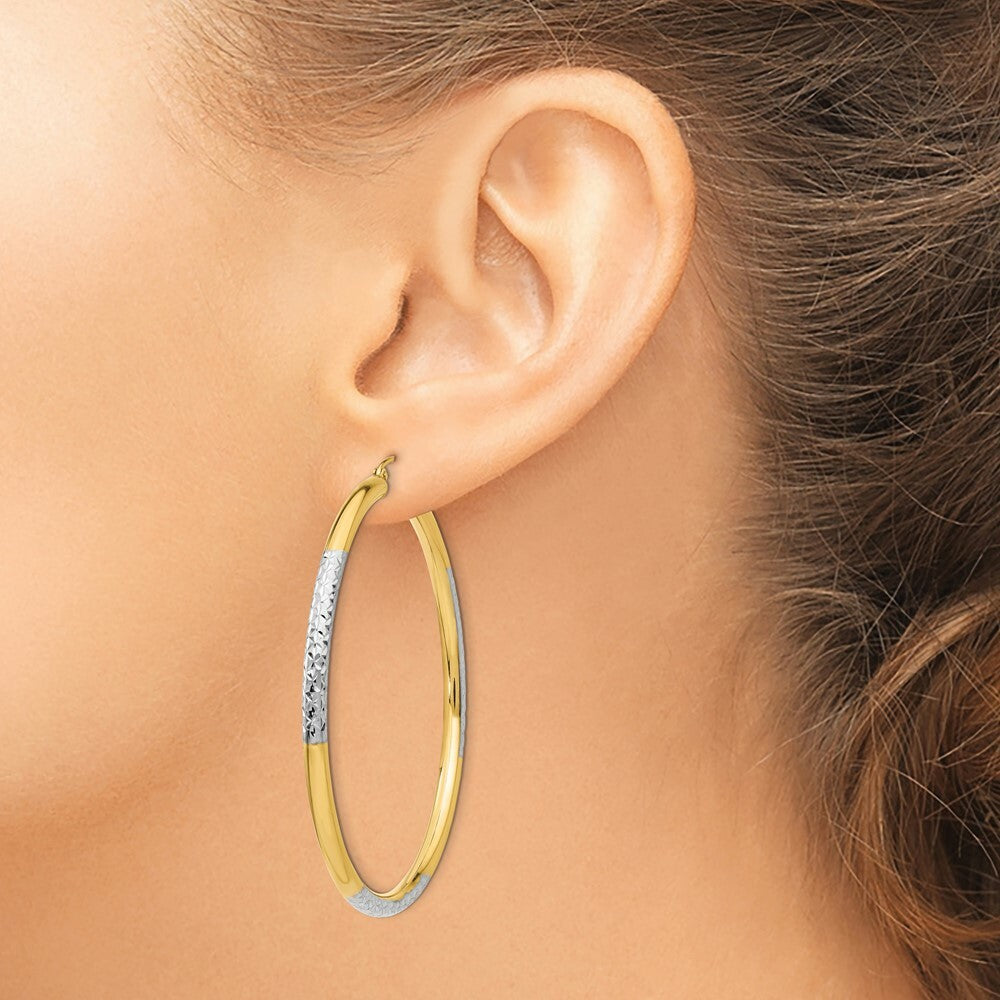 14K Yellow Gold & Rhodium Diamond-cut 3x55mm Hoop Earrings 55mm length