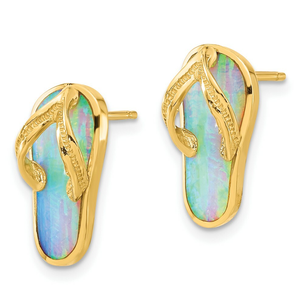 14K Yellow Gold Polished w/Created White Opal Flip Flop Post Earrings