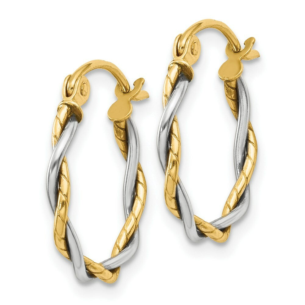 14K Two-tone Gold Polished 1.8mm Twisted Hoop Earrings  12mm length